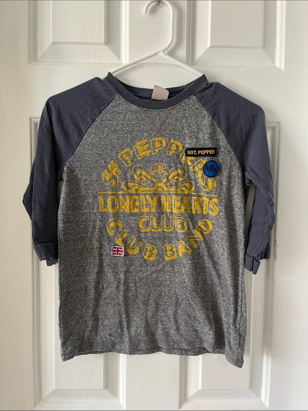 Junk Food Clothing Grey & Navy Raglan Tee with Yellow Beatle Graphic